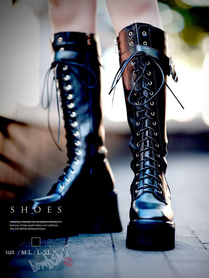 ベルト付きレースアップ厚底ロングブーツ ダンス衣装【bombshell】(M-L