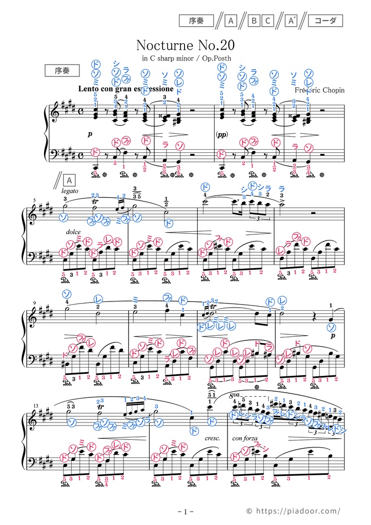 ノクターン 第20番 嬰ハ短調（ドレミ楽譜・全指番号楽譜） - PiaDOOR