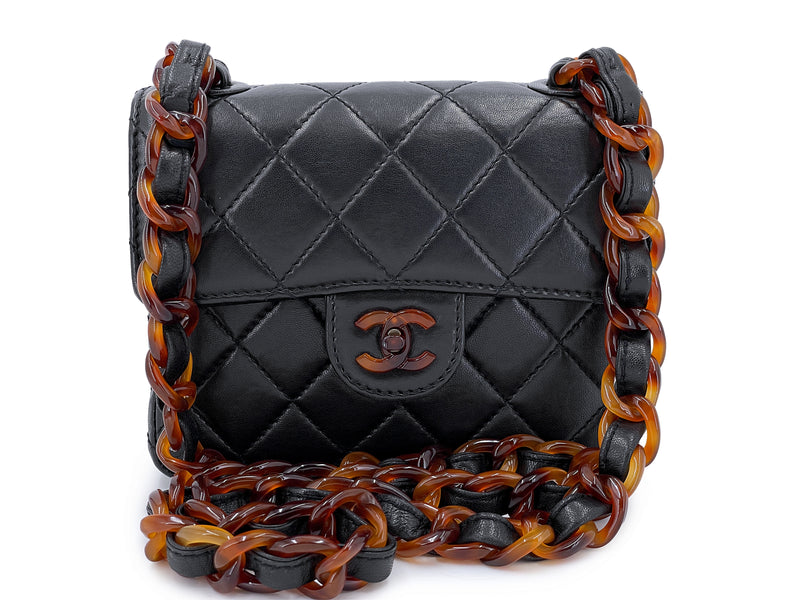 Rare Chanel 1997 Vintage Tortoise Chain Black Square Mini Flap Bag
