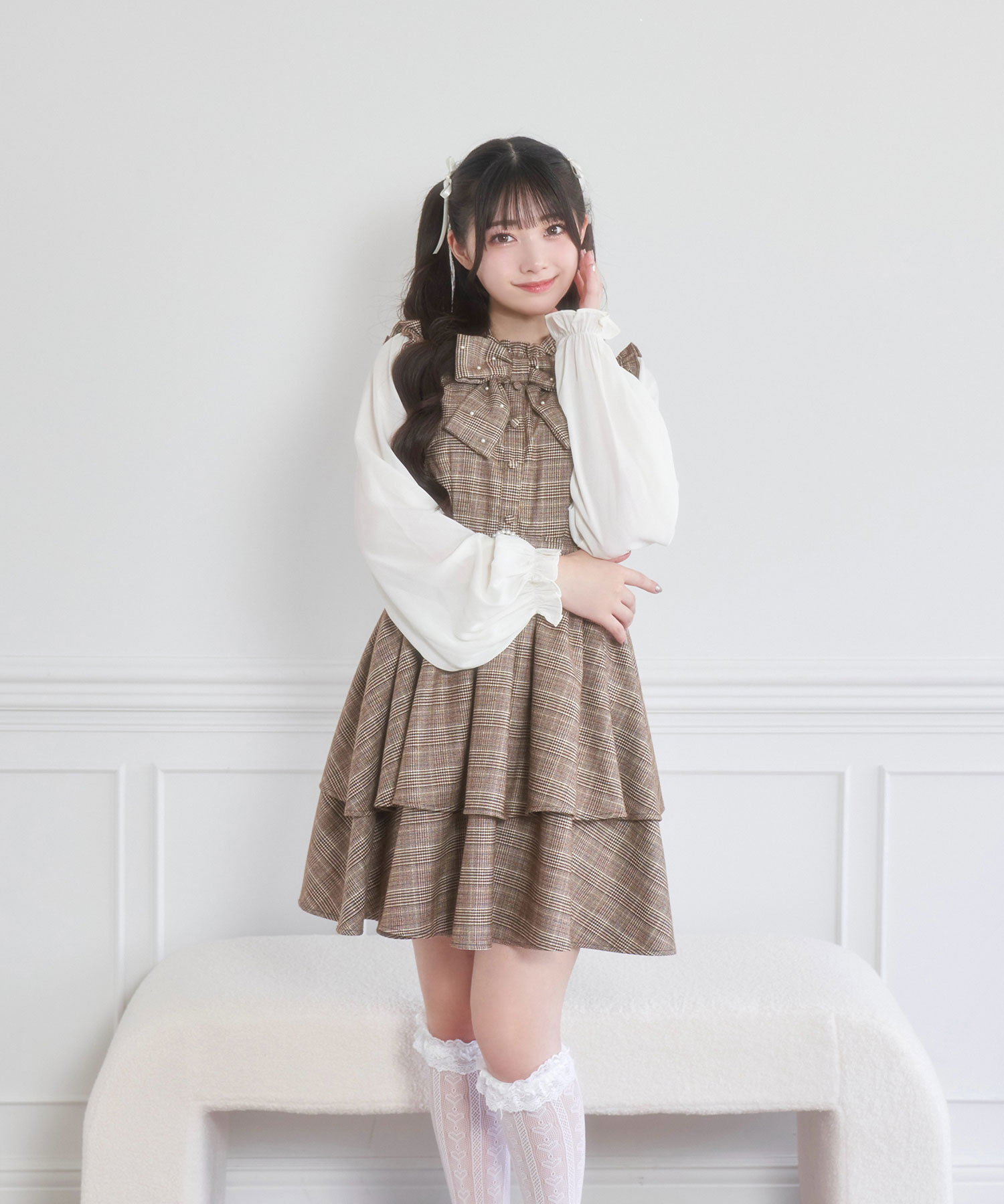 パール付きリボンチェックワンピース – BUNNY APARTMENT