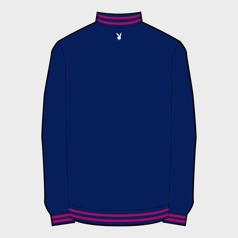 Zip-front jacket in cobalt, off-white, and fuchsia