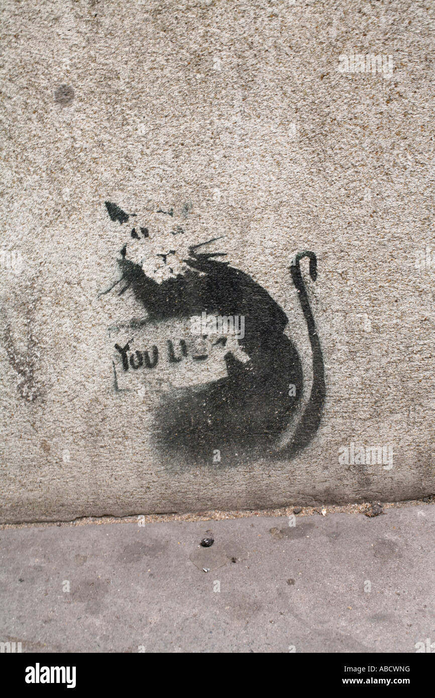 Banksy stencil of rat holding sign saying YOU LIE, Liverpool