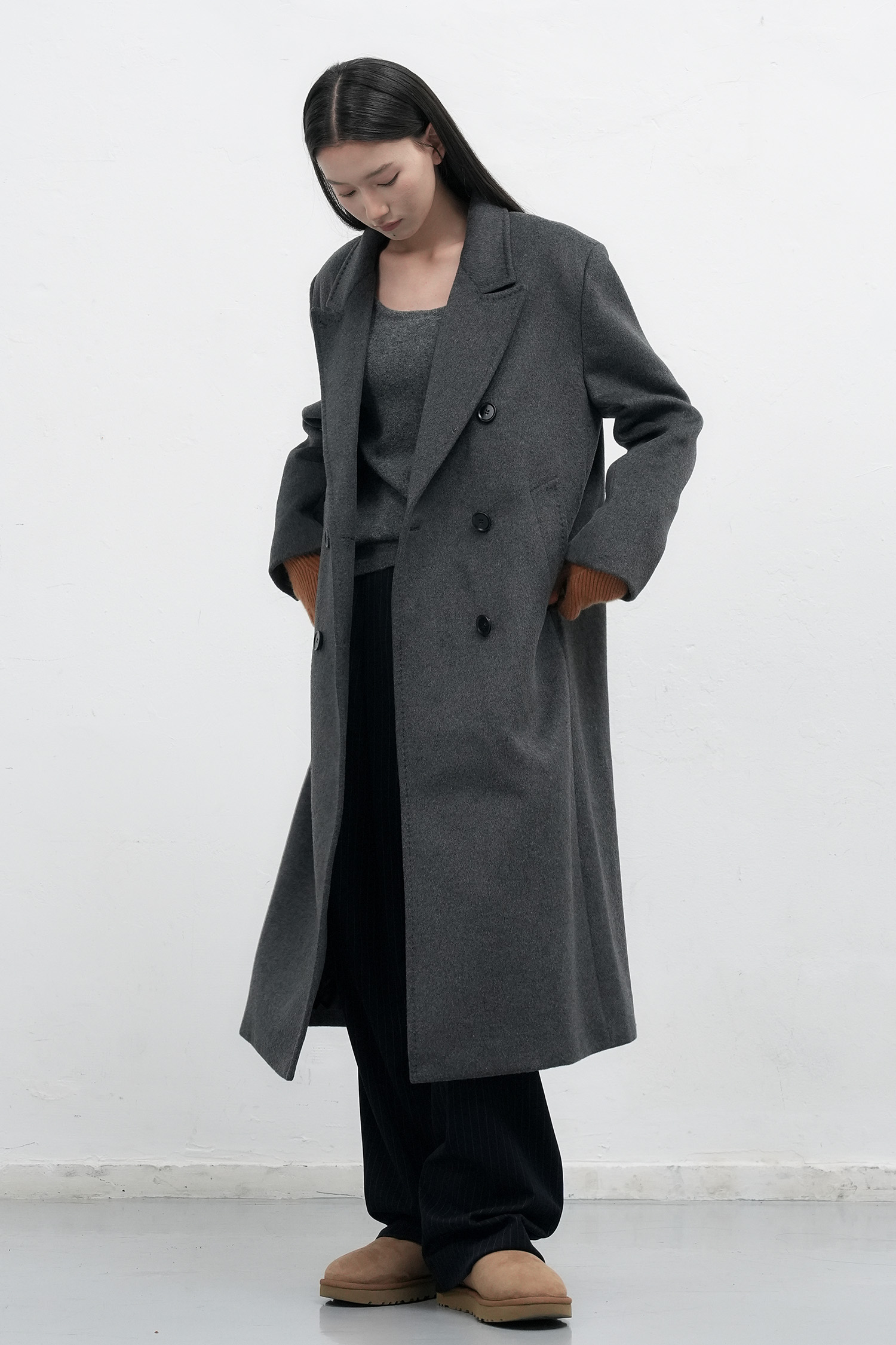 WOMAN ダブルブレストウールロングコート [CHARCOAL]