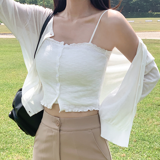 レース＋フリル💙クロップド丈] レースクロップドキャミソール