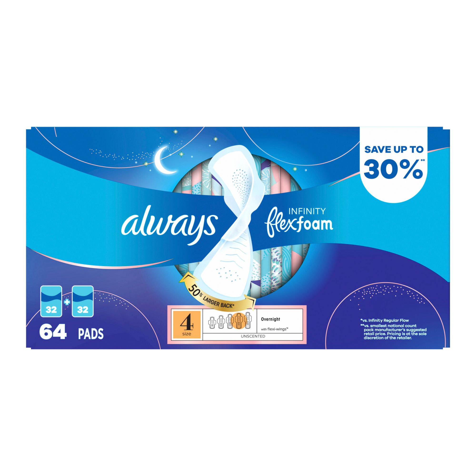 Always Infinity FlexFoam Pads Size 4 Overnight 64 ct