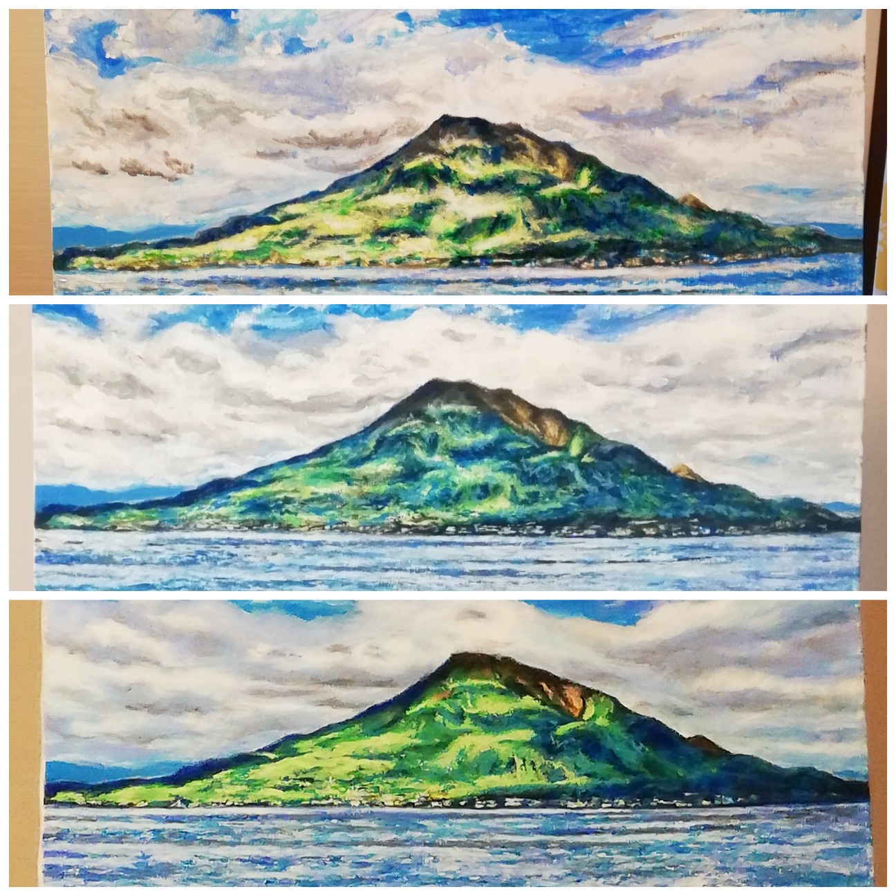 青と緑の桜島 - うさぎのアート Mao