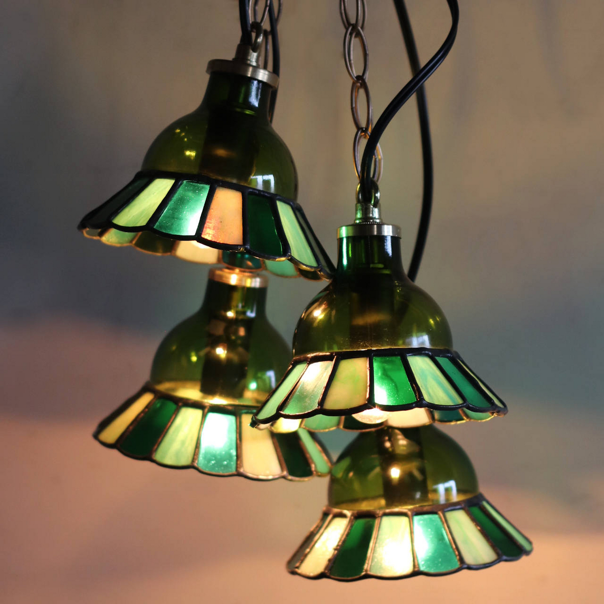 ヴィンテージステンドグラスミニペンダントライト花型｜吊下げ照明｜色