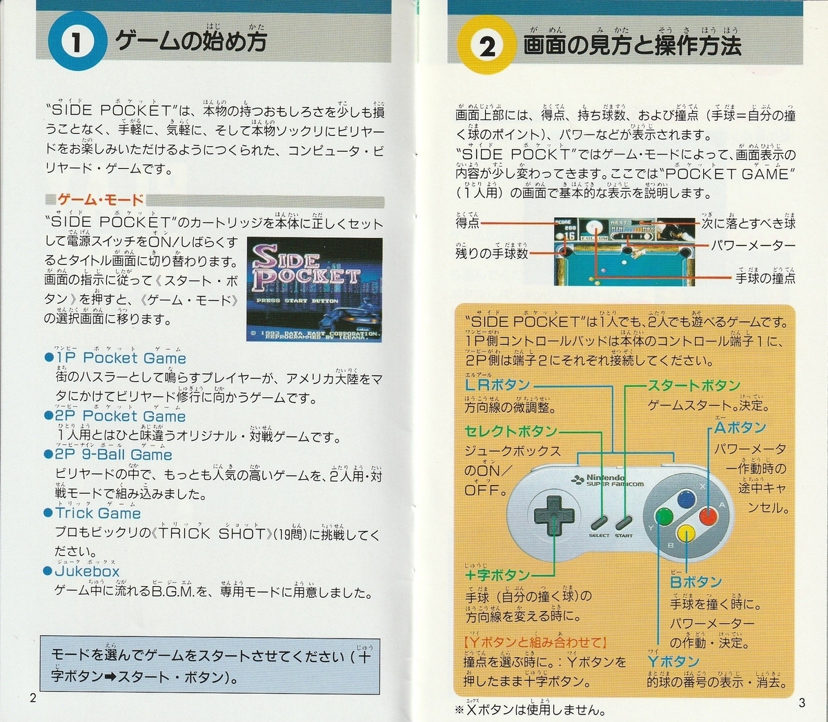 サイドポケット』1994年／スーパーファミコン - レトロゲームの説明書