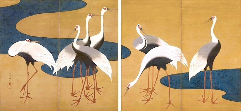 □びょうぶとあそぶ：尾形光琳《群鶴屏風》 レプリカの金箔は本物