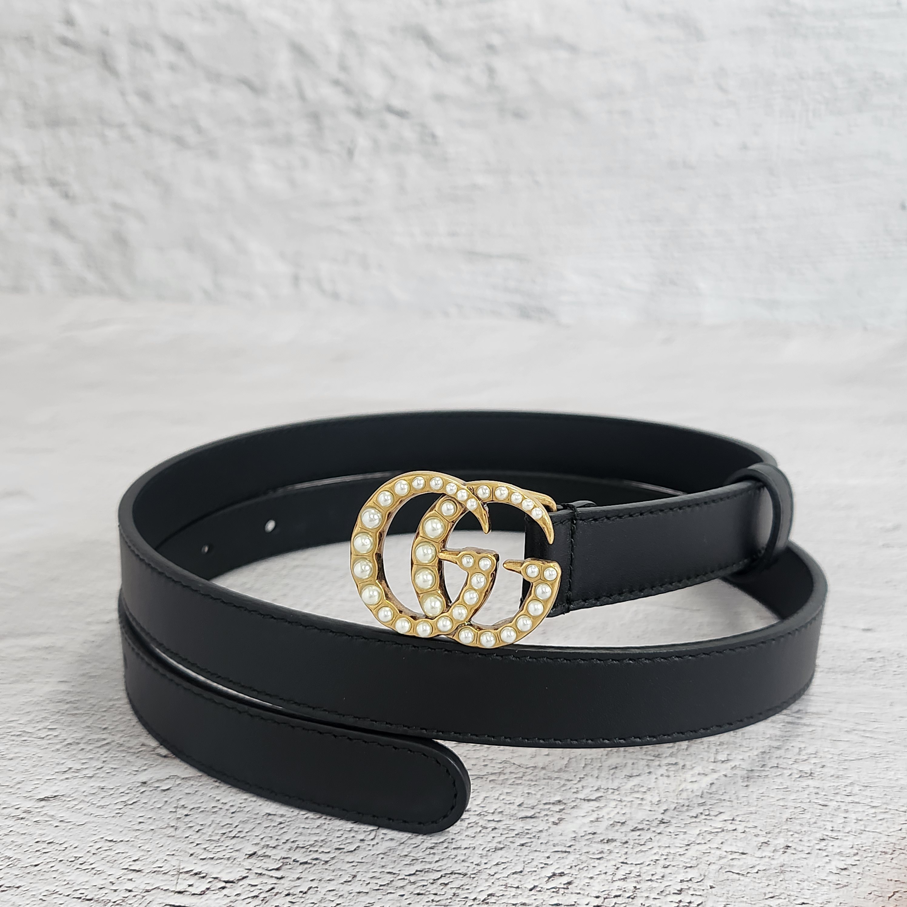 GUCCI◇ダブルGバックルレザーベルト/レザー/BLK/メンズ/400593