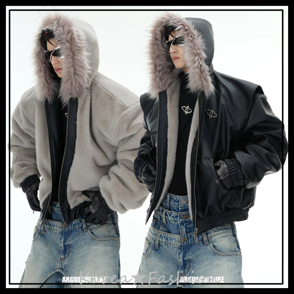 Argue Culture 両面着フェイクファーレザージャケットフード付き
