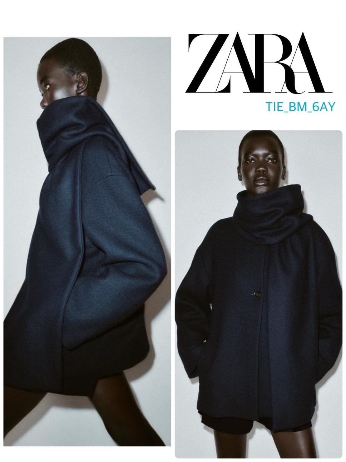 ZARA ウールのショートコートとスカーフ マリン 上品カジュアル (ZARA