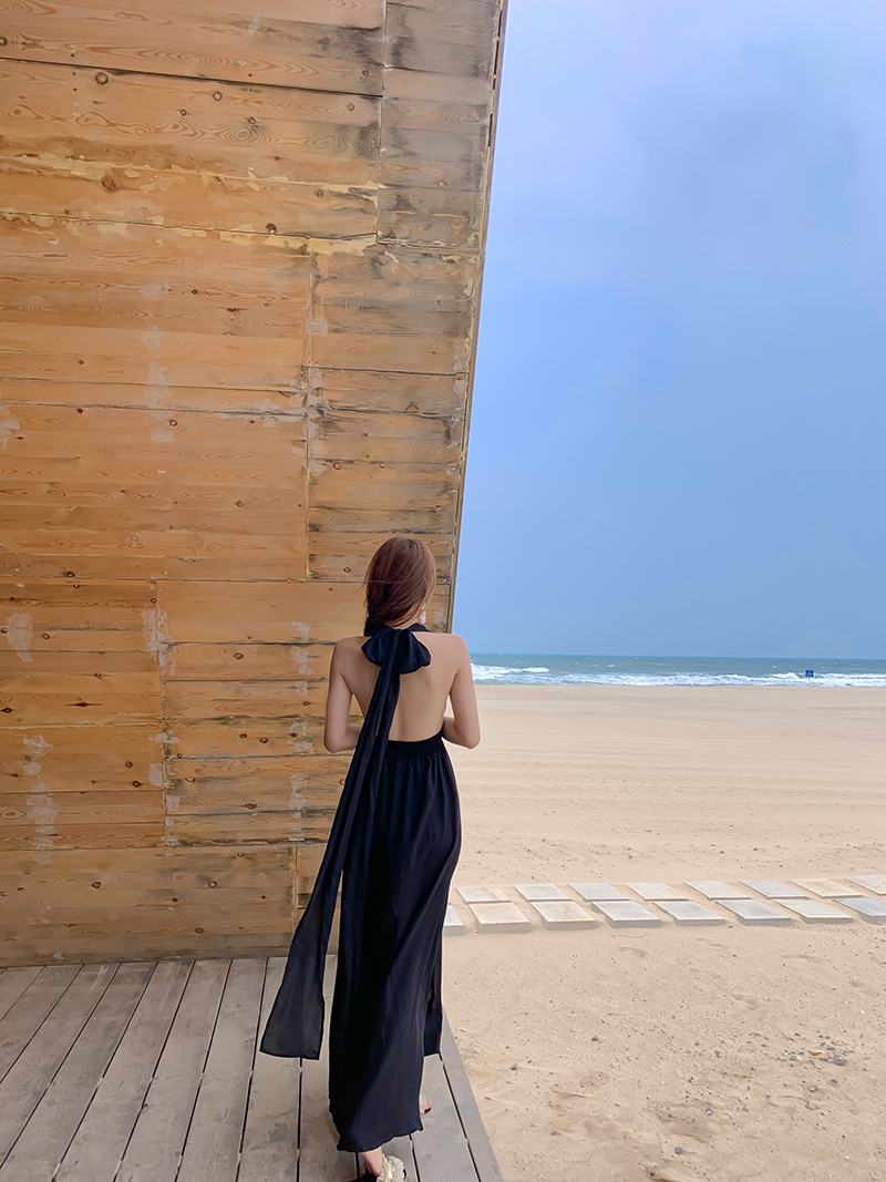 バックリボン ホルターネック ワンピース 黒 夏 リゾート n488