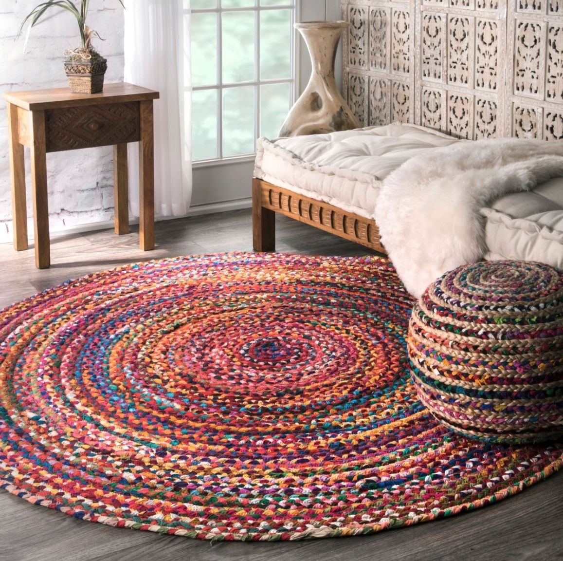 速達発送☆ハンドメイド☆カラフルなエリアラグ 円形183x183cm (ラグ