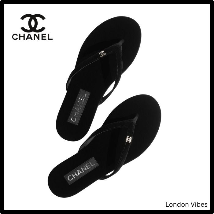 シンプルでお洒落☆ CHANEL ベロア ビーチサンダル キラキラロゴ