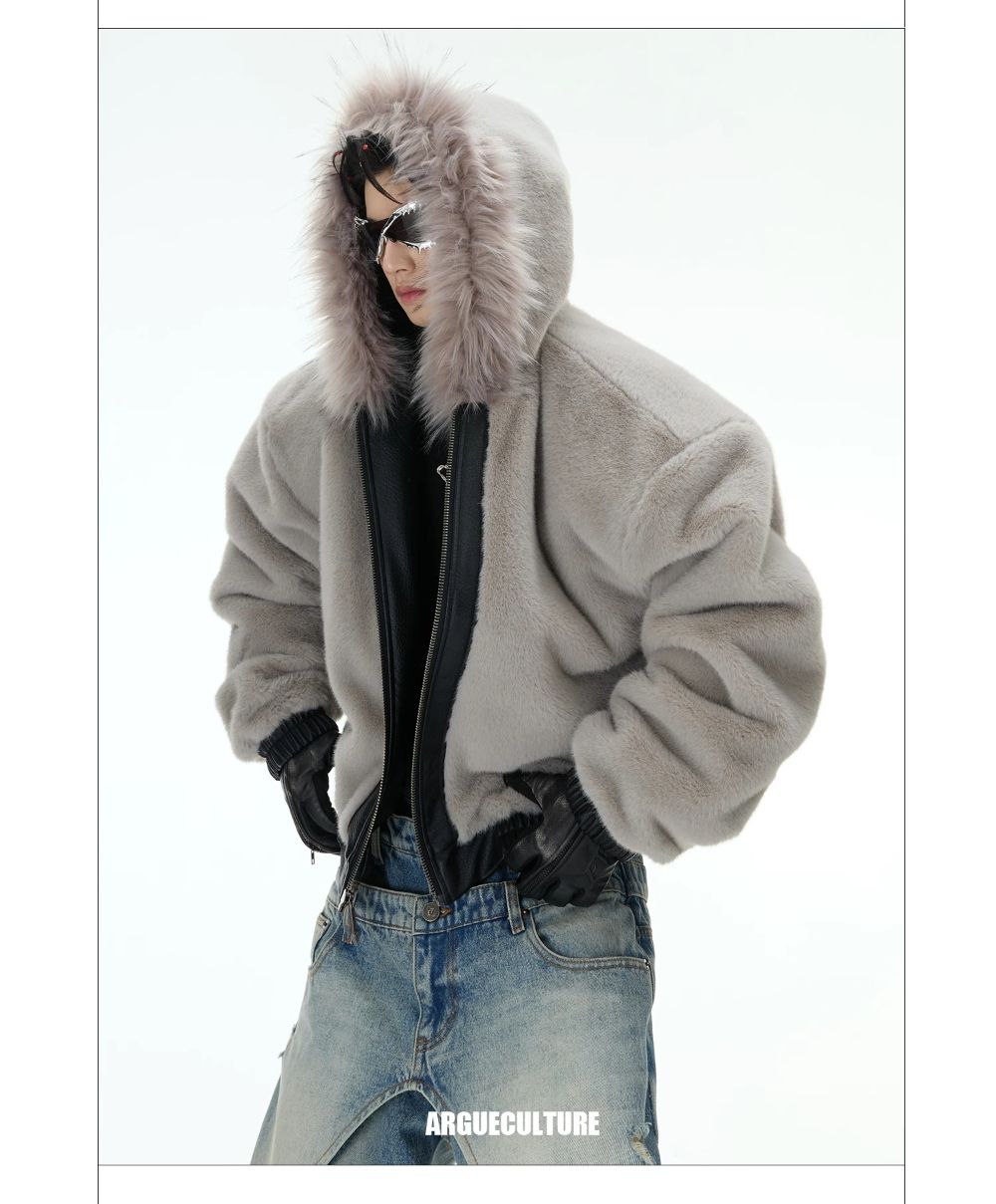 Argue Culture 両面着フェイクファーレザージャケットフード付き