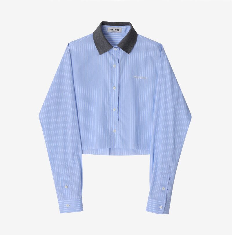 MiuMiu☆ロゴ ポプリン ストライプ クロップド シャツ (MiuMiu