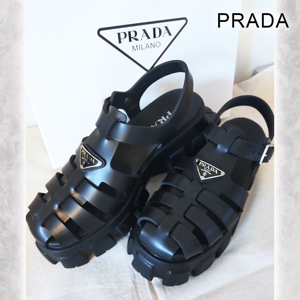 PRADA】プラダ メンズ ロゴ モノリスラバーサンダル ブラック (PRADA