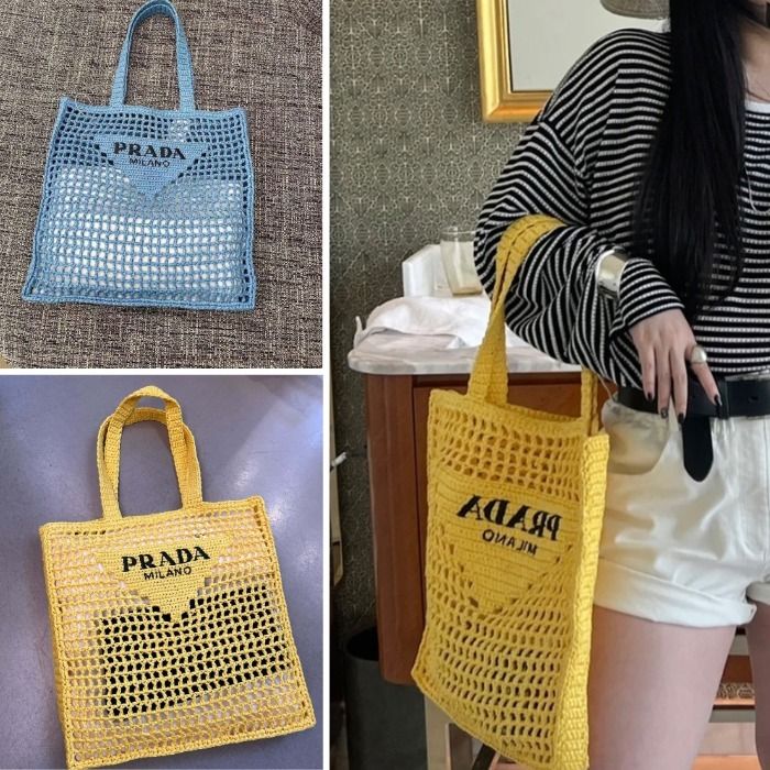 ☆Prada☆ロゴ入り ラフィア風 クロシェ トートバッグ (PRADA/かご