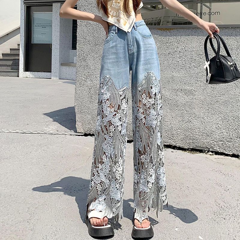 パンツ デニム ジーンズ レース編み上げ 花柄 フレア ブルー (デニム