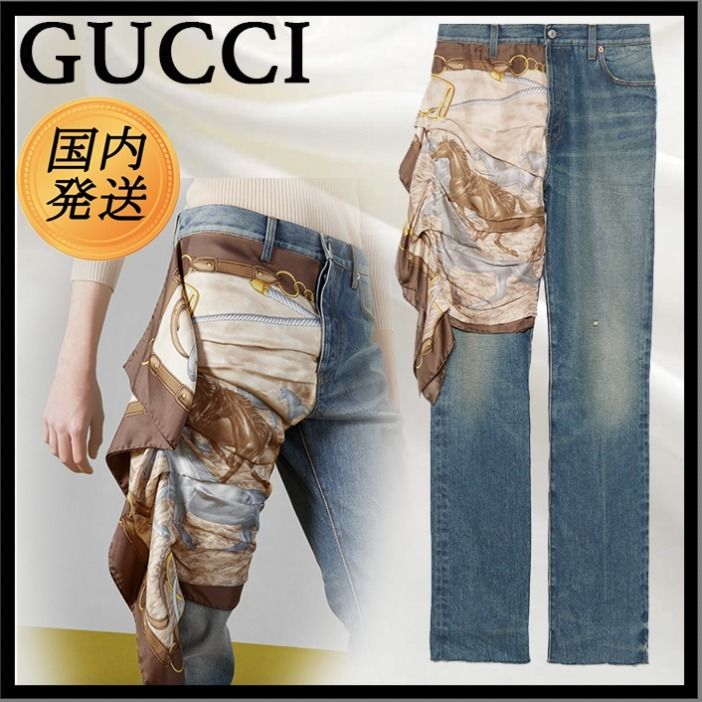 国内発送☆GUCCI】スカーフ ディテール付き デニム パンツ (GUCCI