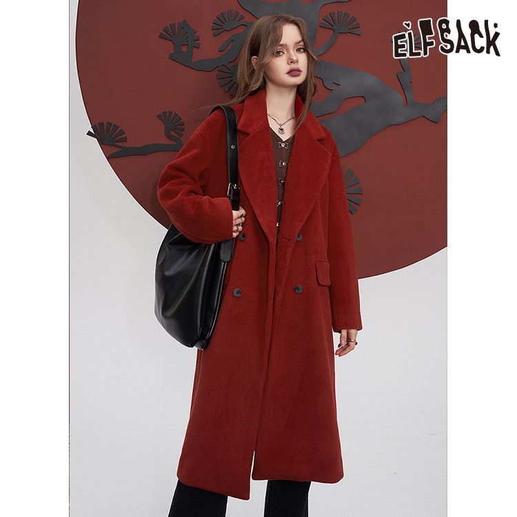 ELFSACK ダッフルコート 赤 ゆったり 女性コート ロングコート (ELF