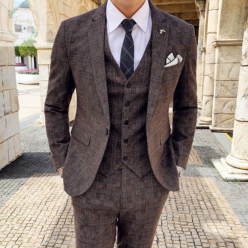 チェック柄 セットアップ スーツ ベスト 3点 メンズ 3色 (スーツ