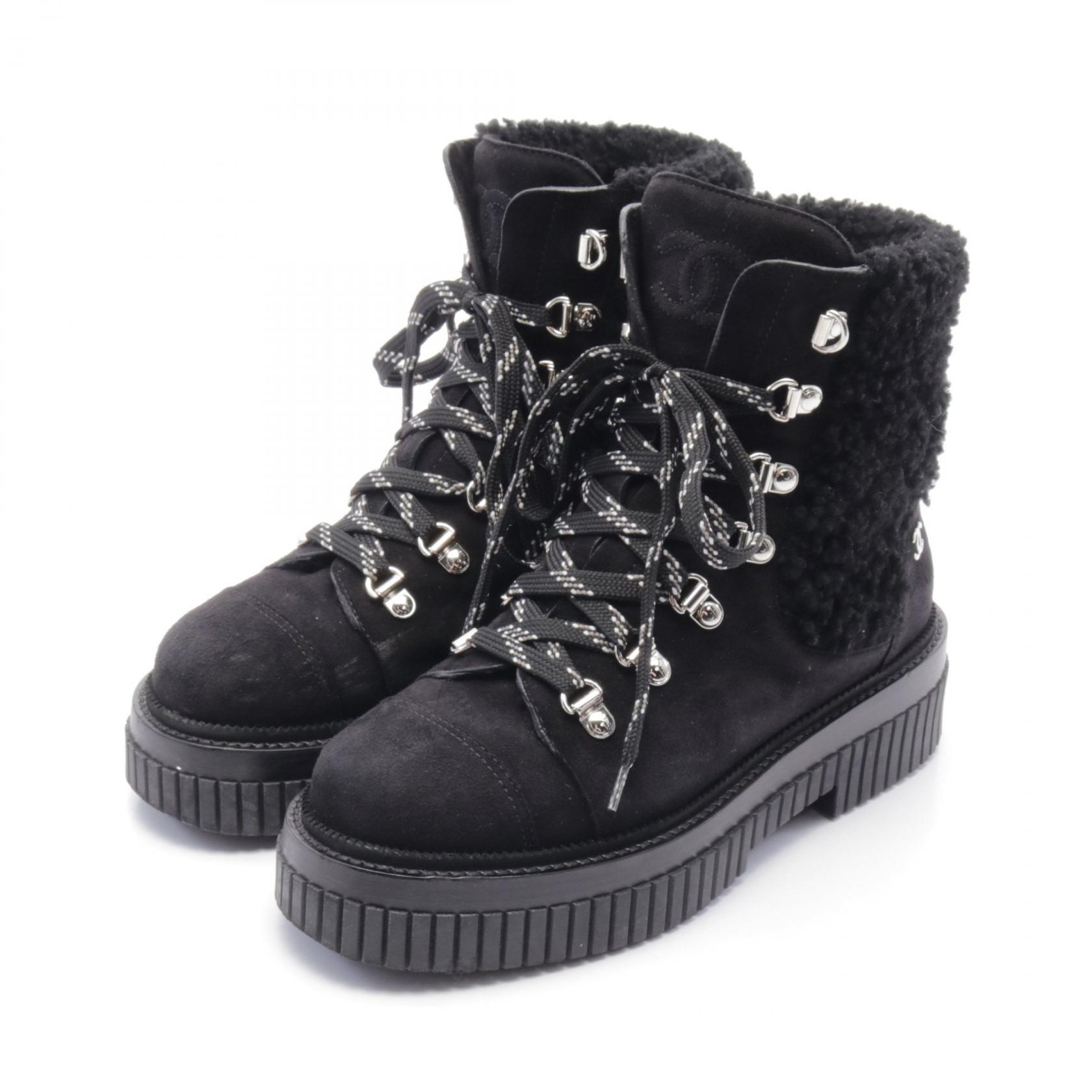 CHANEL Matelasse short lace-up boots #36C G37813 Suede Boa Black