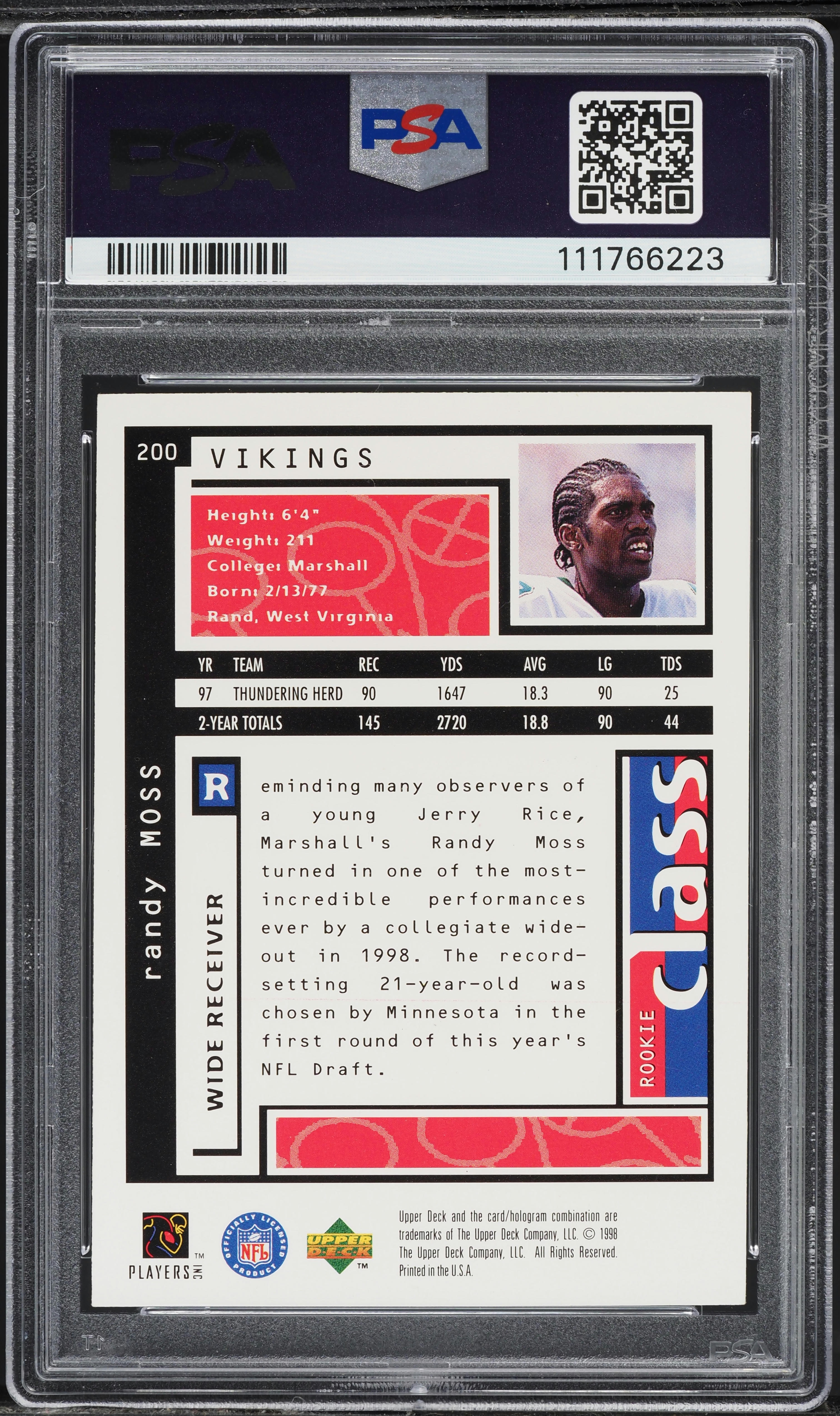 1998 Upper Deck Choice Randy Moss ROOKIE #200 PSA 6 EXMT on