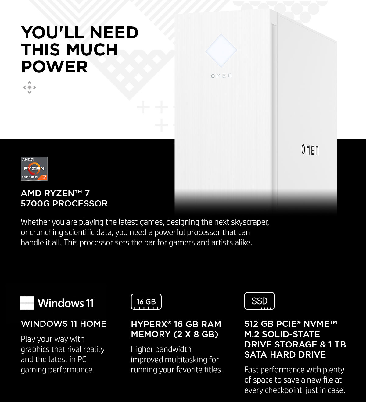 HP OMEN 25L Gaming Desktop GT15-0324 AMD Ryzen 7 5700G 8-Core