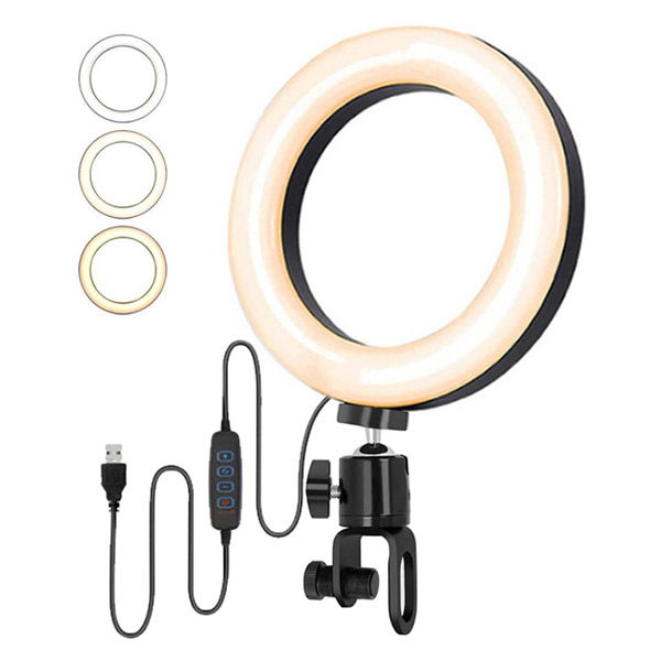 自撮りライト 6インチLEDリングライト USB接続/3色光/10段階調光/VV
