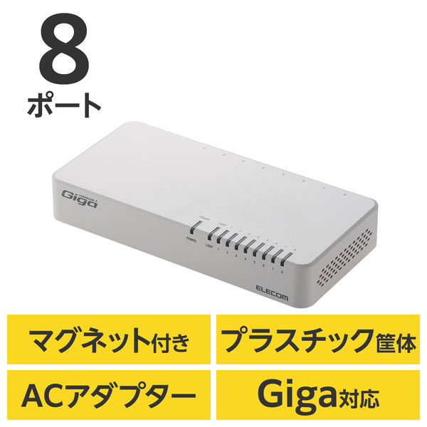 スイッチングハブ 8ポート ギガ LANハブ 磁石付 電源内蔵 ループ検知