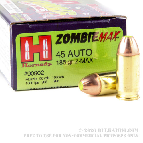 20 Rounds of Bulk .45 ACP Ammo by Hornady - 185gr Zombie Z-Max