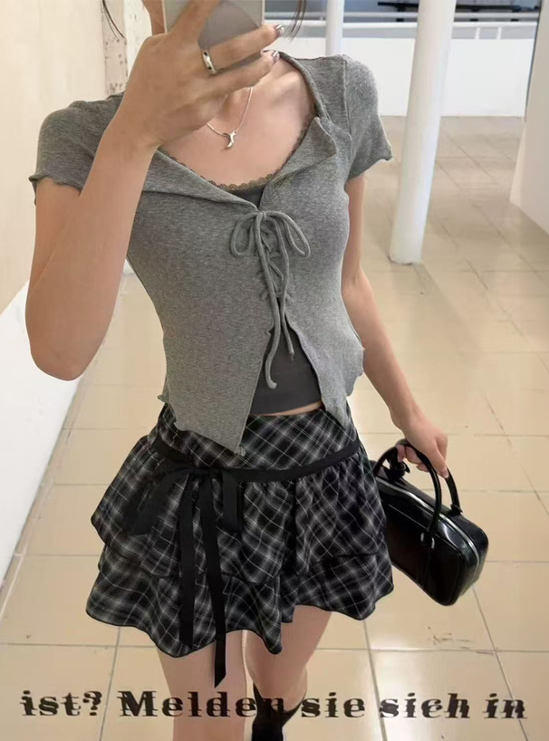 インパン裏地付きチェック柄リボンフリルミニスカート[ac2609