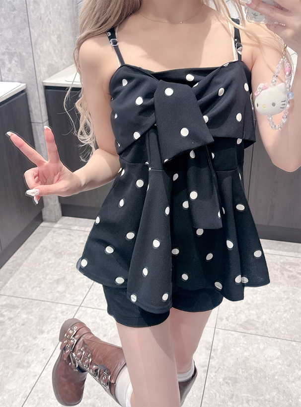 リボンデザインドット柄キャミソールトップス[dh1372] | レディース