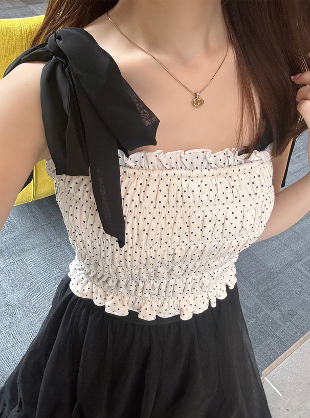 カップ入りドット柄リボンストラップキャミソール[dk1117