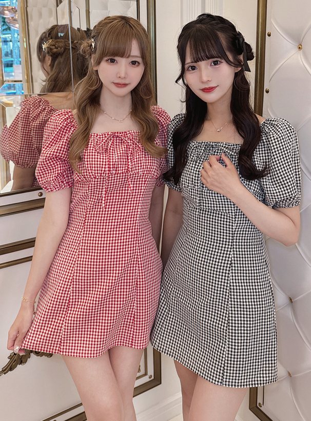 2Wayギンガムチェック柄パフスリーブミニワンピース[dk1499