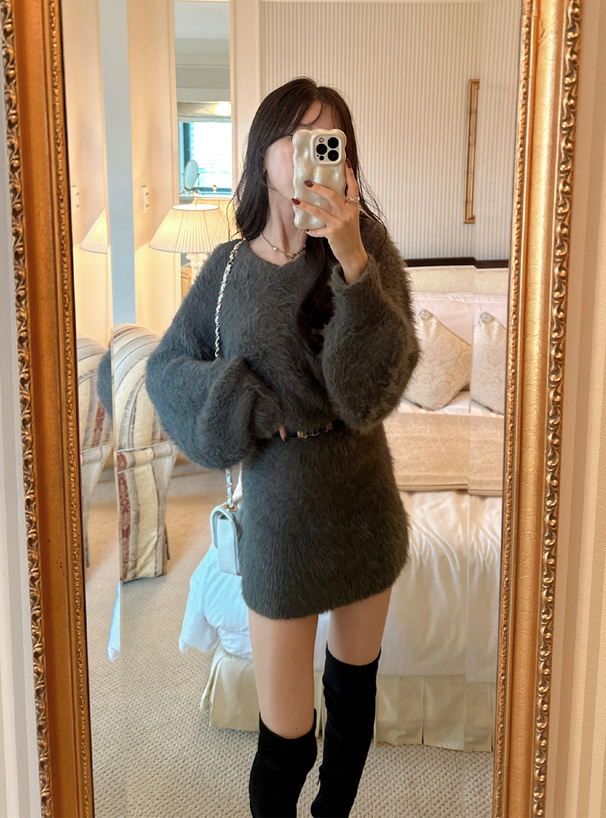 ベルト付きシャギーニットVネックミニワンピース[kz461] | レディース