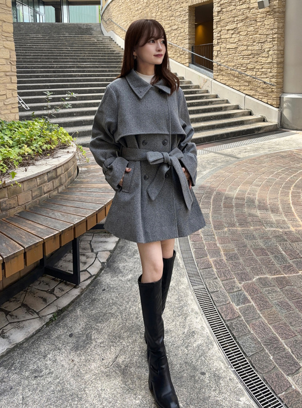 襟2Wayリボンベルト付きフェイクウールトレンチコート[kz568
