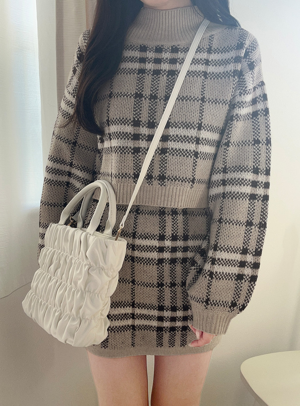 チェック柄ニットトップス×ミニスカートセットアップ[lt50