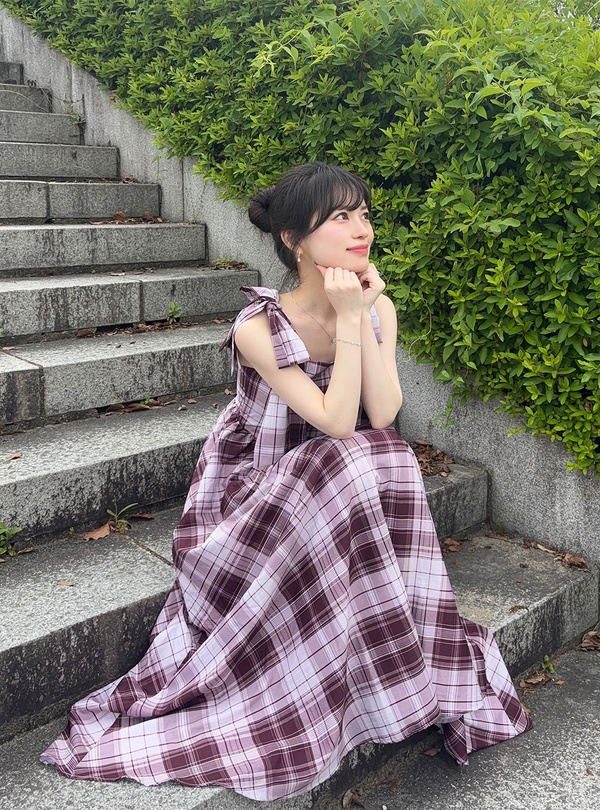 チェック柄ショルダーリボンフレアワンピース[ru1237] | レディース