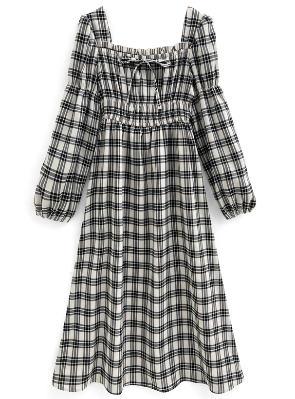 チェック柄ギャザーリボンフレアロングワンピース[tg805] | レディース