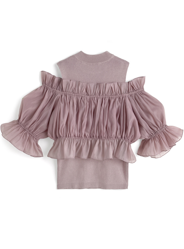 オーガンジーブラウス×ニットトップスアンサンブル[tu1687