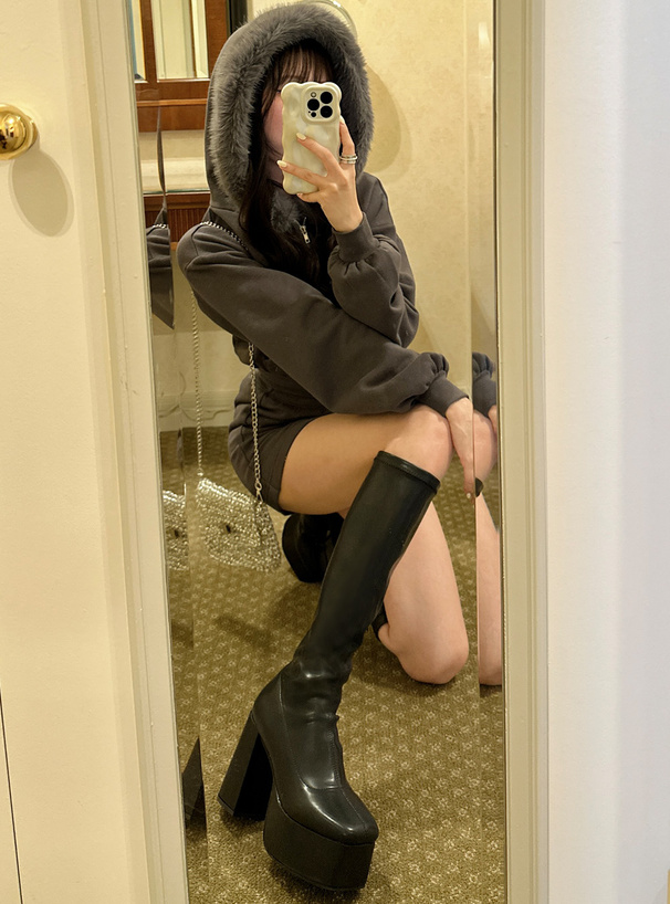 スクエアトゥレザーチャンキーヒールロングブーツ[zr1024