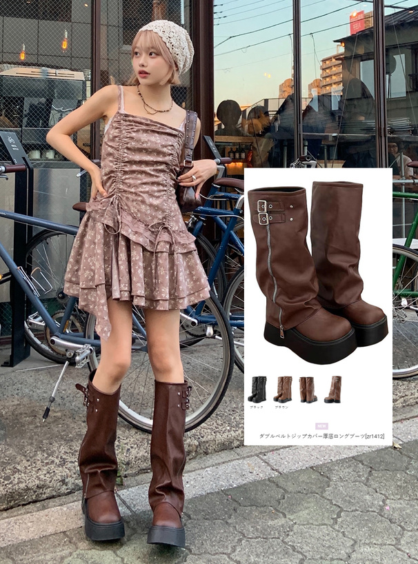 ダブルベルトジップカバー厚底ロングブーツ[zr1412] | レディース