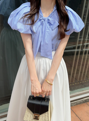 ストライプ柄ボウタイバルーンスリーブブラウス[tw1082] | レディース