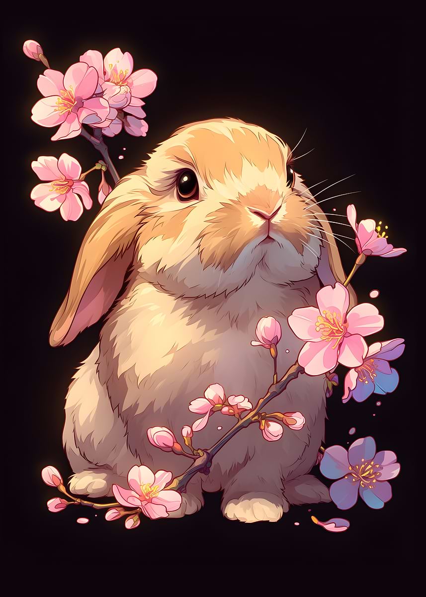 Cute Bunny with Cherry Blossoms' Poster, picture, metal print