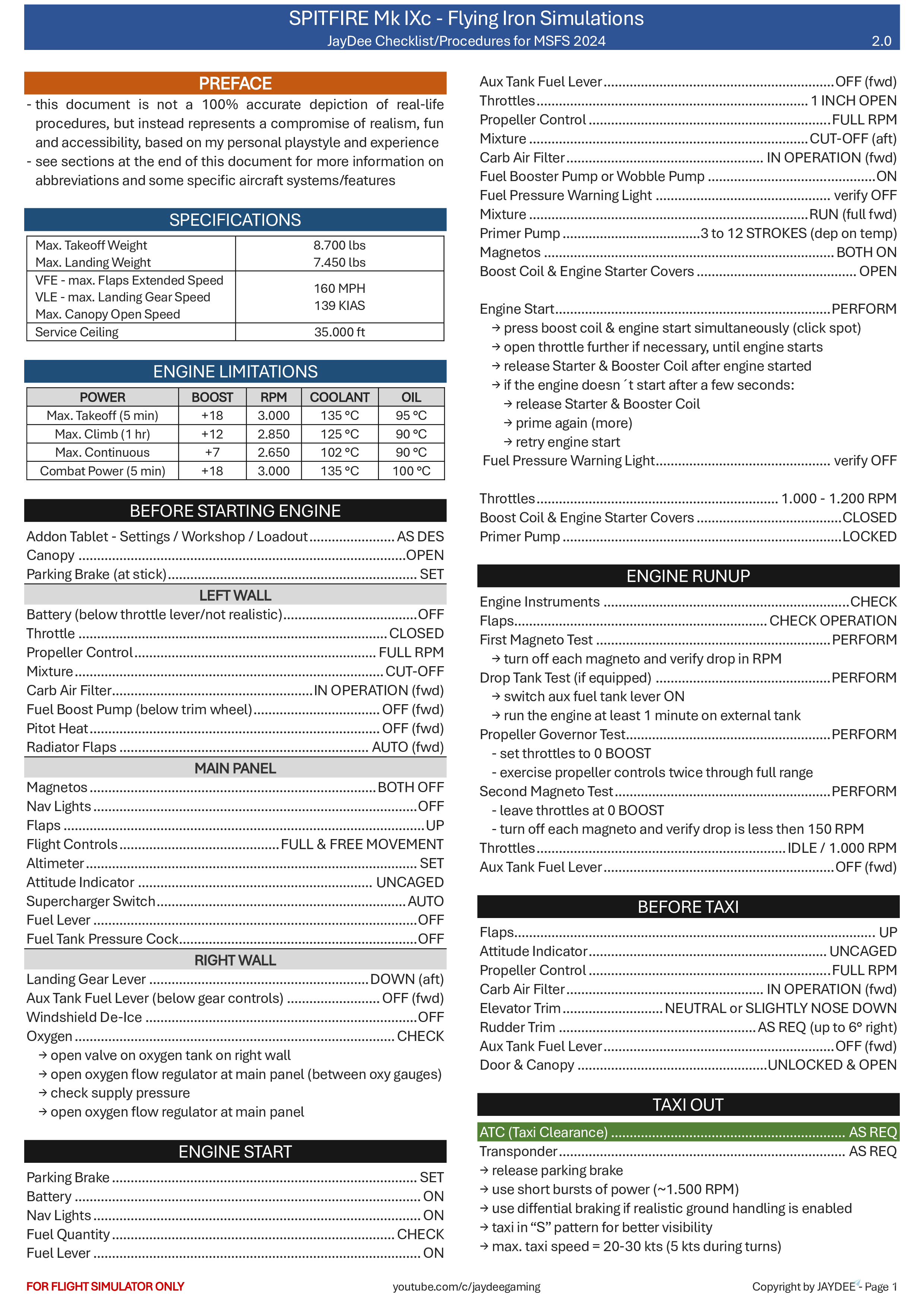 Spitfire MK IXc - JayDee Checklist & Procedures for Microsoft