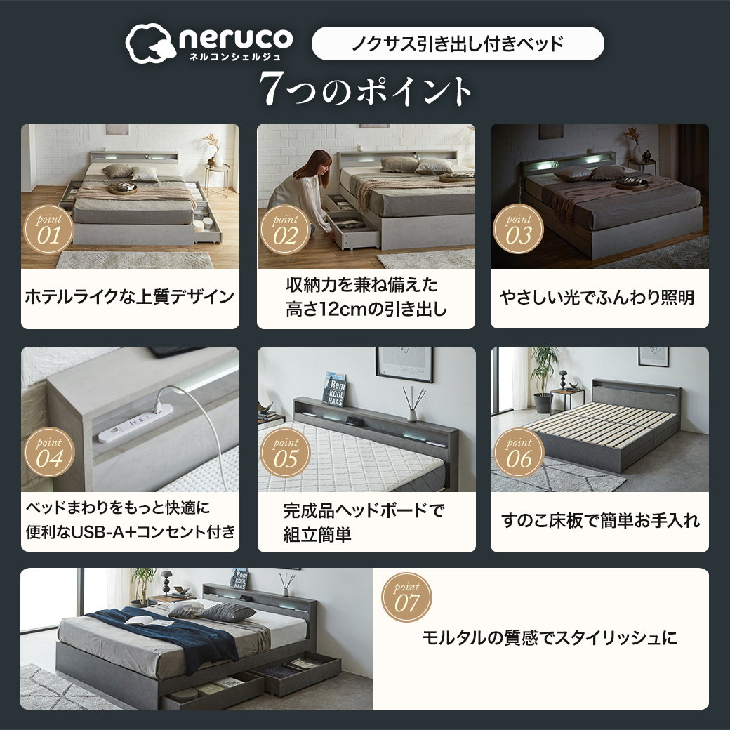 照明 収納付きベッド ノクサス シングル すのこ フレーム単品 USB