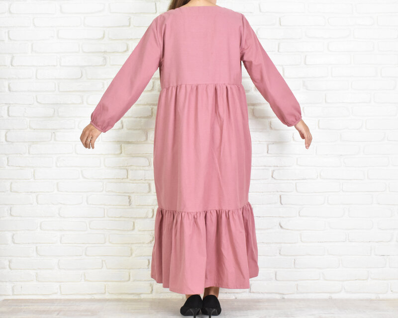 ふんわりVネックティアード長袖ワンピース 大人かわいいダスティローズ